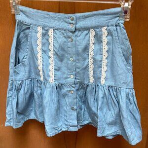 Light Blue Mini Skirt with White Lace Trim & Ruffled Hem